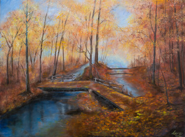 Painting titled "AUTUMN. THE BRIDGE." by Lara, Original Artwork, Oil