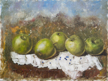Painting titled "FIVE GREEN APPLES" by Lara, Original Artwork, Oil
