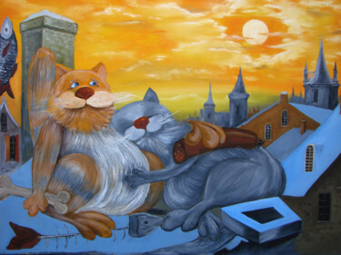Painting titled "THE CATS ON THE ROOF" by Lara, Original Artwork, Oil