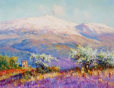 Painting titled "Snow-capped mountai…" by Lara Vald, Original Artwork, Oil Mounted on Wood Stretcher frame