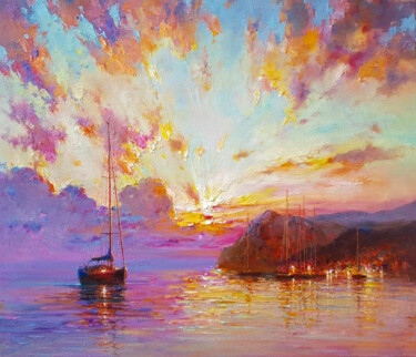 Pintura intitulada "Sunset on the sea." por Lara Vald, Obras de arte originais, Óleo Montado em Armação em madeira