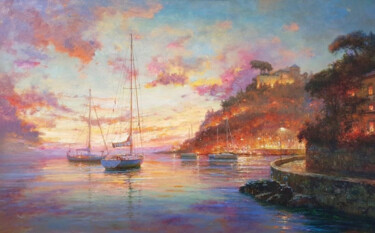 Painting titled "Yachts near the sea…" by Lara Vald, Original Artwork, Oil Mounted on Wood Stretcher frame
