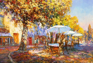 Pintura intitulada "Summer cafe." por Lara Vald, Obras de arte originais, Óleo Montado em Armação em madeira