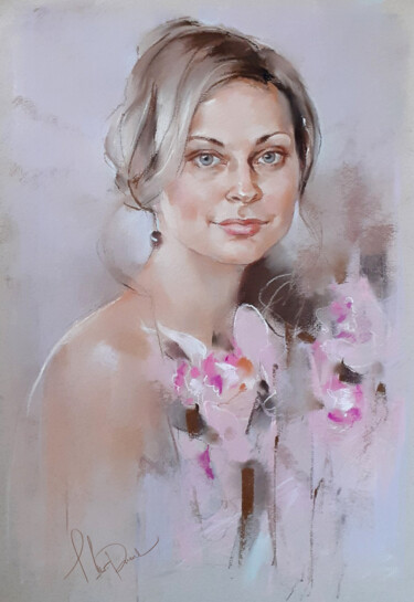 Painting titled "Девушка с орхидеями" by Larisa Shigorina, Original Artwork, Pastel