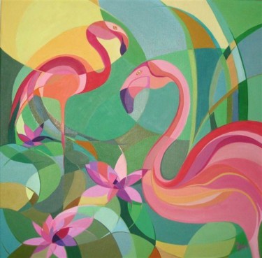 Peinture intitulée "Flamingoes 1" par Lara Meissirel, Œuvre d'art originale