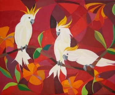Peinture intitulée "3 white cacatoes" par Lara Meissirel, Œuvre d'art originale, Huile