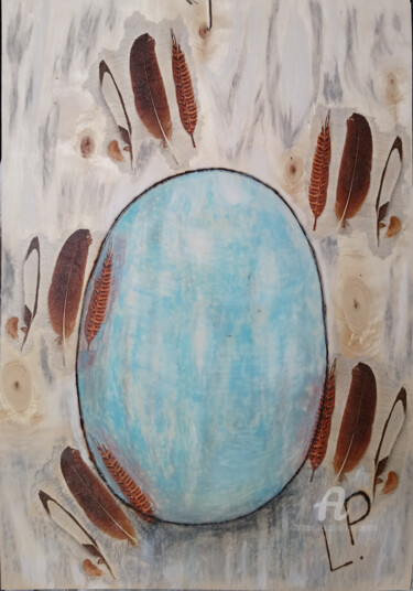 Malerei mit dem Titel "Das blaue Ei mit Fe…" von Lari Peters, Original-Kunstwerk, Pastell