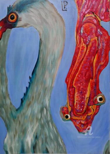 Malerei mit dem Titel "Reiher und Fisch" von Lari Peters, Original-Kunstwerk, Acryl
