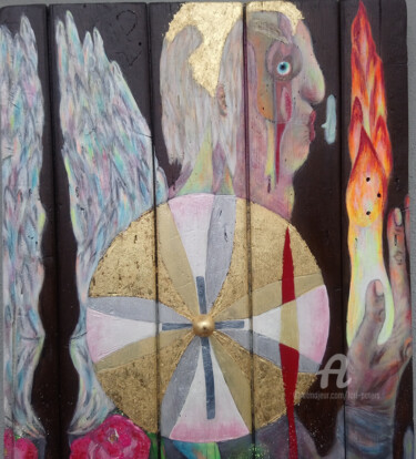 Schilderij getiteld "Engel mit Katze" door Lari Peters, Origineel Kunstwerk, Acryl