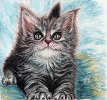 Pintura intitulada "Fluffy kitten" por Larisa Berzina, Obras de arte originais, Conté