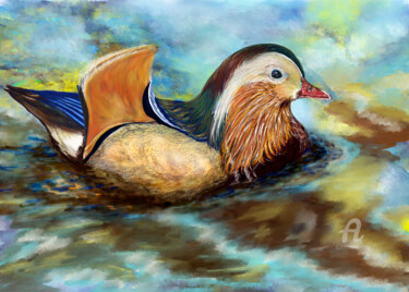 Digitale Kunst mit dem Titel "Mandarin Duck on Wa…" von Larisa Berzina, Original-Kunstwerk, Digitale Malerei