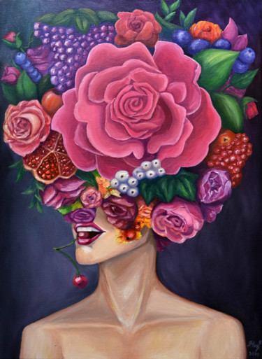 Painting titled "Cherry" by Larisa Chigirina, Original Artwork, Oil Mounted on Wood Stretcher frame