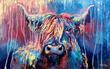 Картина под названием "Cow painting on can…" - Larisa Chigirina, Подлинное произведение искусства, Масло Установлен на Дерев…