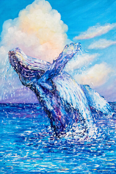 Painting titled "WHALE PAINTING ON C…" by Larisa Chigirina, Original Artwork, Oil Mounted on Wood Stretcher frame