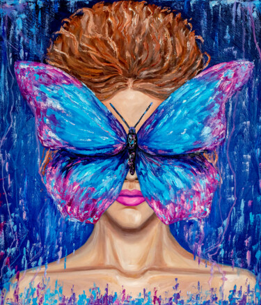 Painting titled "Woman with butterfl…" by Larisa Chigirina, Original Artwork, Oil Mounted on Wood Stretcher frame