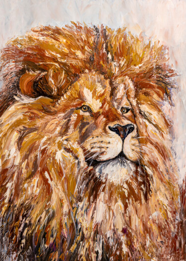 Painting titled "LION Original paint…" by Larisa Chigirina, Original Artwork, Oil Mounted on Wood Stretcher frame