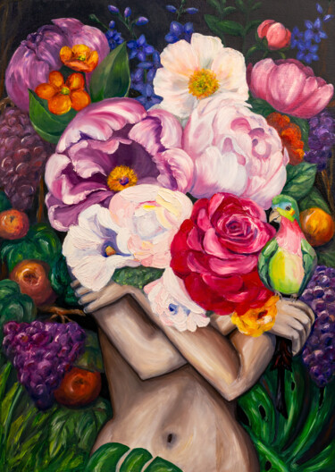 Painting titled "Woman with flowers.…" by Larisa Chigirina, Original Artwork, Oil Mounted on Wood Stretcher frame