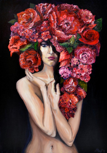 Painting titled "Flower Woman. Figur…" by Larisa Chigirina, Original Artwork, Oil Mounted on Wood Stretcher frame