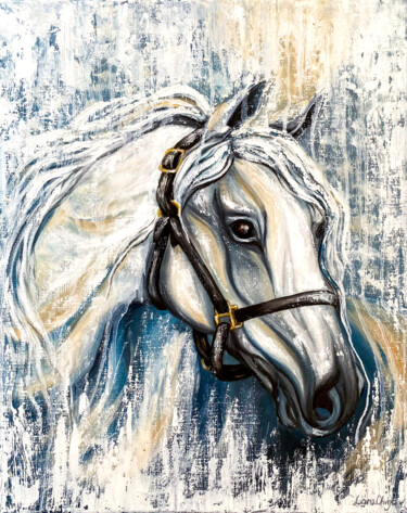 Картина под названием "White horse paintin…" - Larisa Chigirina, Подлинное произведение искусства, Масло Установлен на Дерев…
