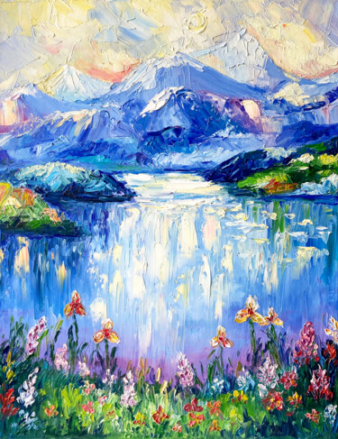 Painting titled "Mountain lake oil p…" by Larisa Chigirina, Original Artwork, Oil Mounted on Wood Stretcher frame