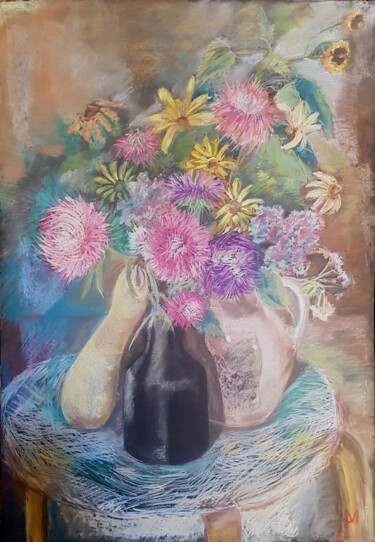 Malerei mit dem Titel "Астры с кабачком" von Larisa Ivanova, Original-Kunstwerk, Pastell