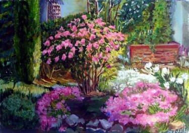 Painting titled "Розовый сад" by Larisa Ivanova, Original Artwork, Oil