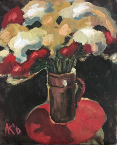 Painting titled "Цветы на красной та…" by Larisa Kucherenko, Original Artwork, Oil