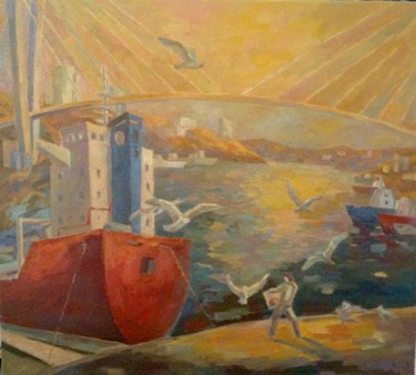 Painting titled "Evening in the bay…" by Larisa Kucherenko, Original Artwork, Oil