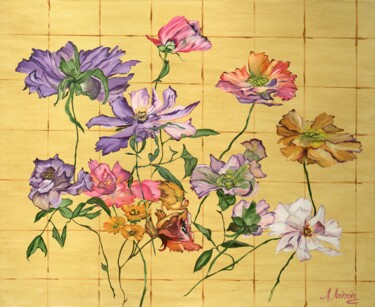 Painting titled "Golden clematis- Or…" by Larisa Lavrova, Original Artwork, Oil