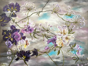 Painting titled "Irises 2 - Original…" by Larisa Lavrova, Original Artwork, Oil Mounted on Wood Stretcher frame