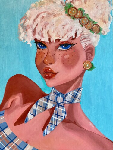 Painting titled "White hair girl - o…" by Larisa Lavrova, Original Artwork, Oil Mounted on Wood Stretcher frame