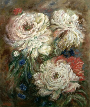 Painting titled "Flowers painting-or…" by Larisa Lavrova, Original Artwork, Oil Mounted on Wood Stretcher frame