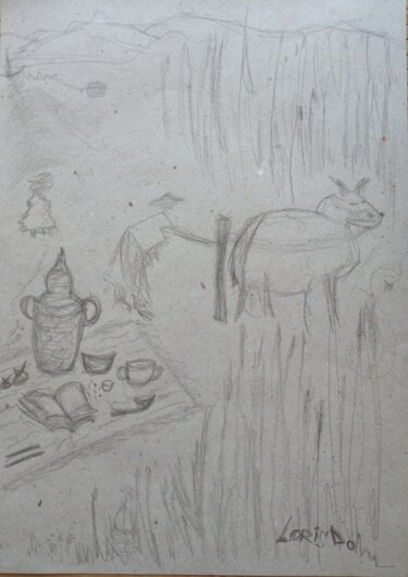 Drawing titled "Breakfast on the gr…" by Larisa Leontjeva, Original Artwork, Charcoal