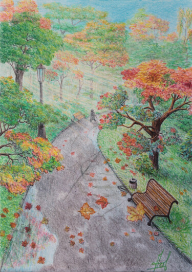 Desenho intitulada "Autumn lives in the…" por Larisa Leontjeva, Obras de arte originais, Conté