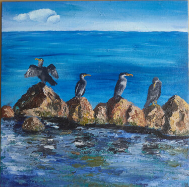 Painting titled "Cormorants on Emar…" by Larisa Neman, Original Artwork, Oil Mounted on Cardboard
