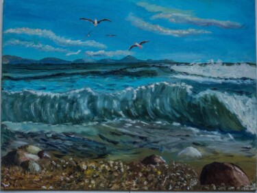 Painting titled "Surf of the Sea" by Larisa Neman, Original Artwork, Oil Mounted on Cardboard