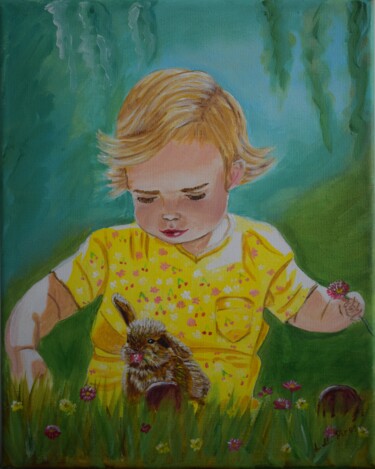 Painting titled "Mädchen mit Kaninch…" by Larisa Pires, Original Artwork, Acrylic