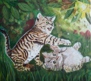 Malerei mit dem Titel "Katzen am spielen P…" von Larisa Pires, Original-Kunstwerk, Acryl