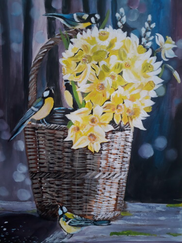 Malerei mit dem Titel "Vögel  in Blumen Ac…" von Larisa Pires, Original-Kunstwerk, Acryl