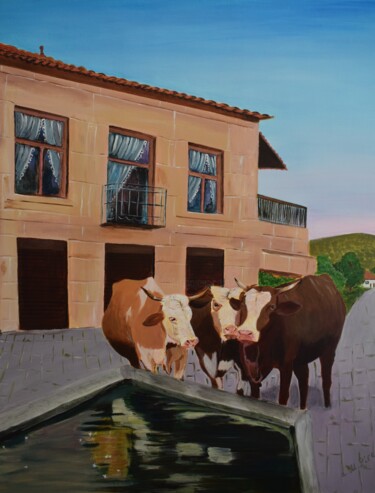 Malerei mit dem Titel "Vaches du Village-…" von Larisa Pires, Original-Kunstwerk, Acryl