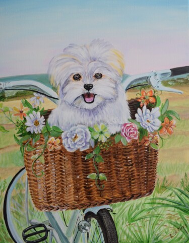 Schilderij getiteld "Malteser Hund in Bl…" door Larisa Pires, Origineel Kunstwerk, Acryl