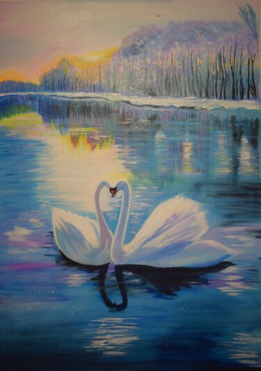 Painting titled "Schwäne am See Acry…" by Larisa Pires, Original Artwork, Acrylic