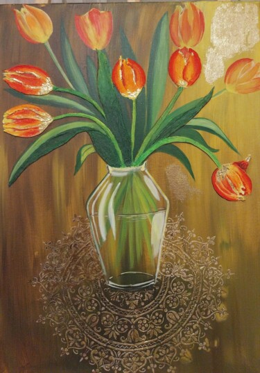 Painting titled "Goldene Tulpen Acry…" by Larisa Pires, Original Artwork, Acrylic