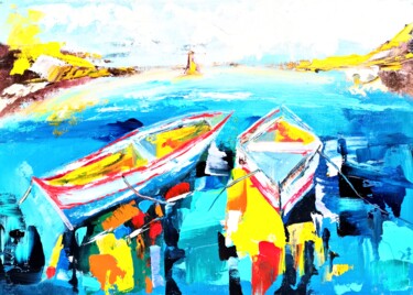 Schilderij getiteld "Boat Painting Seasc…" door Larisa Raevskaia, Origineel Kunstwerk, Olie