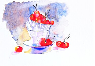 Malerei mit dem Titel "Cherry Painting Wat…" von Larisa Raevskaia, Original-Kunstwerk, Aquarell