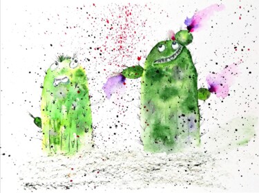 Malerei mit dem Titel "Cacti Painting Wate…" von Larisa Raevskaia, Original-Kunstwerk, Aquarell