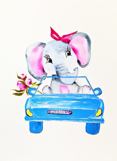 Peinture intitulée "Elephant by Car Pai…" par Larisa Raevskaia, Œuvre d'art originale, Aquarelle
