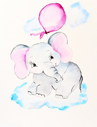 Painting titled "Elephant Painting A…" by Larisa Raevskaia, Original Artwork, Watercolor