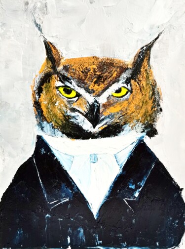 Pittura intitolato "Owl Painting Animal…" da Larisa Raevskaia, Opera d'arte originale, Acrilico