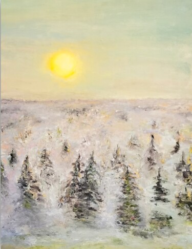 Painting titled "Foggy Forest Painti…" by Larisa Raevskaia, Original Artwork, Oil